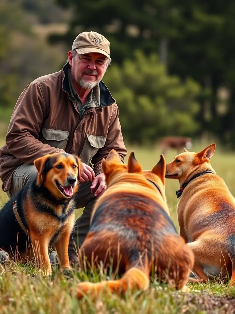 A photo of a skilled dog trainer working with a pack of hunting dogs, demonstrating VTB Picard's dedication to improving breeds and training.