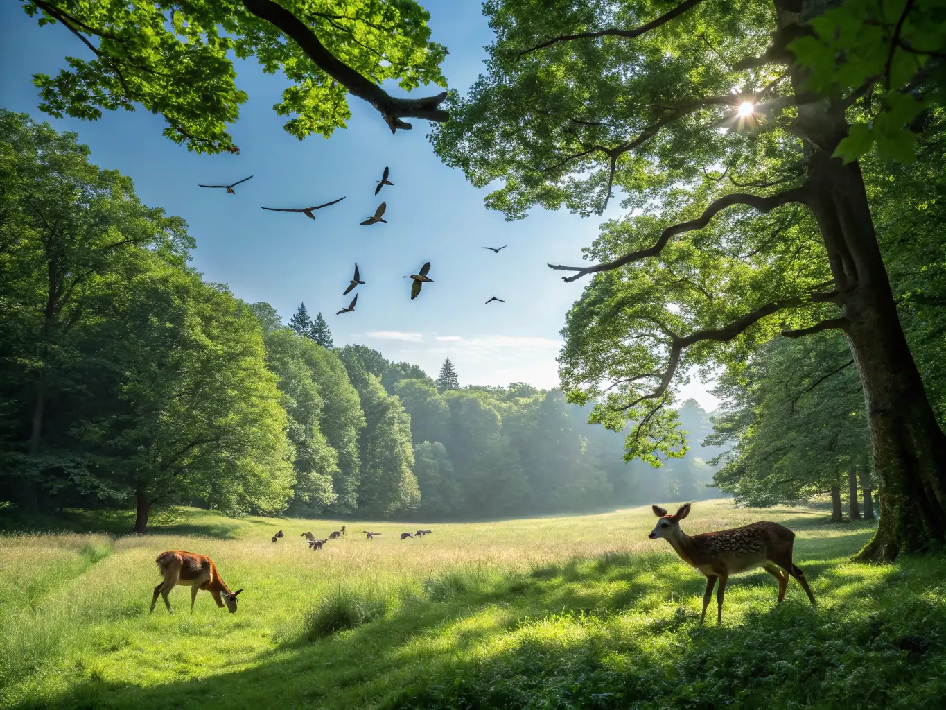 A lush forest scene with hunters observing wildlife, highlighting conservation efforts, showcasing the dedication to preserving biodiversity in the Picardy region.