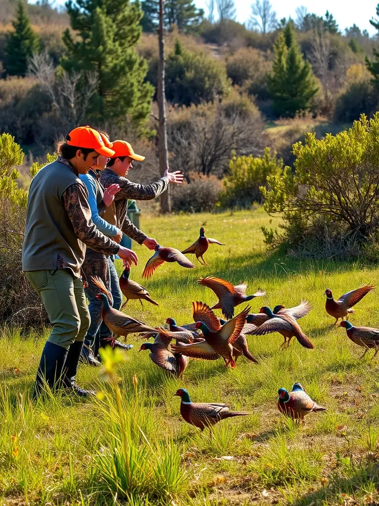 A photograph capturing a group of volunteers releasing pheasants into a natural habitat, showcasing VTB Picard's commitment to wildlife repopulation efforts.